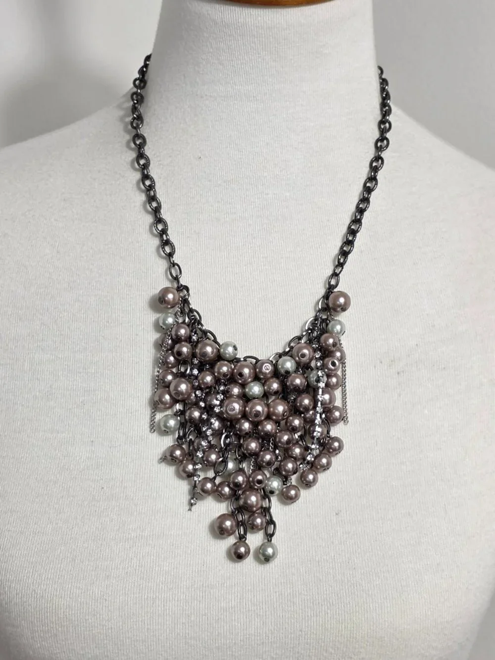 Simply Vera Wang Pearl Bead Bib Necklace Taupe & Gray with Rhinestone Drops